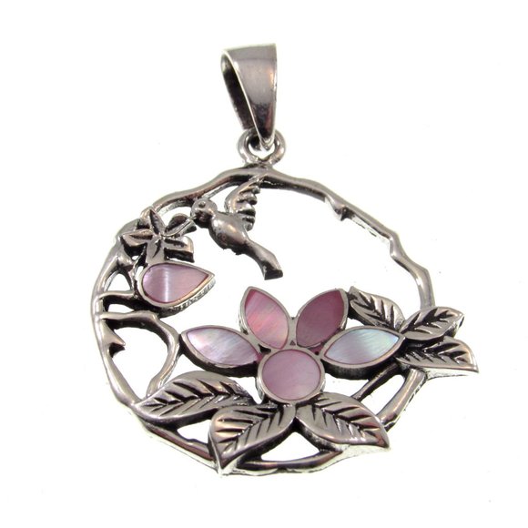 Solid 925 Sterling Silver Hummingbird & Flowers Pendant with Inlaid Paua Shell - Picture 2 of 7